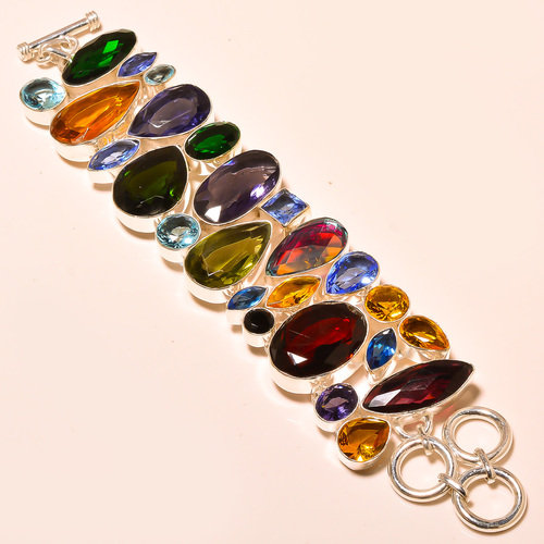 Olive Tourmaline, Iolite, Garnet Multi - 925 Sterling Silver Bracelet 7-8", Toggle Clasp, Gemstone Jewelry