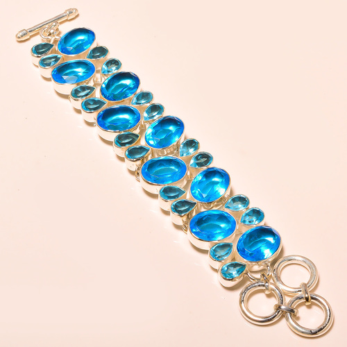 Swiss Blue Topaz - 925 Sterling Silver, 7-8 Inch Bracelet | Toggle Clasp, Polished Finish, Natural Stone, Cabochon Setting
