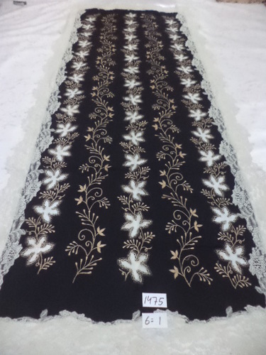 Black Pure Merino Wool With Emb And 4 Side Lace Stoles