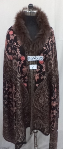 Brown Viscose Acrylic With Fur Neck And Embroidered Ponc