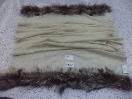 Pure Woolen Stole - 70x200 cm White with Heavy 2-Side Fur Trim | Hand Made Fringe Closure Daily/Evening/Prayer Use