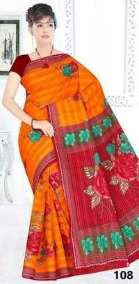 ऑरेंज और रेड कॉटन प्रिंटेड साड़ी निर्माता