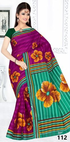 Green And Pink Cotton Printed Saree With B.p.