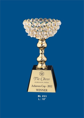 Metal Trophies - Metal & Crystal, 10" Height, Gold Color, Square Base | Elegant Design, Award Recognition