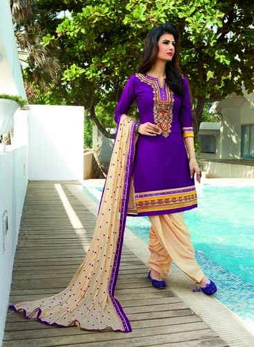Patiala Suit - Cotton Fabric, Size L/XL/XXL/XXXL, Purple and Beige Colors | Full Sleeves, Breathable, Dry Wash Only, Ideal for Traditional and Bridal Occasions