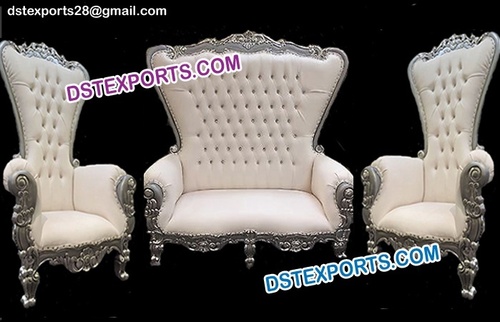 Asian Wedding High Back White Sofa Set - Wood and Silver Metal, White Upholstery, Hand Carved, Diamond Fitted Seating