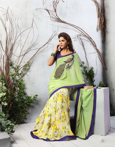 Yellow And Dark Green Casual Embroidered Saree