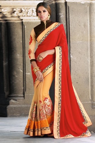 Red And Orange Designer Heavy Embroidered Saree