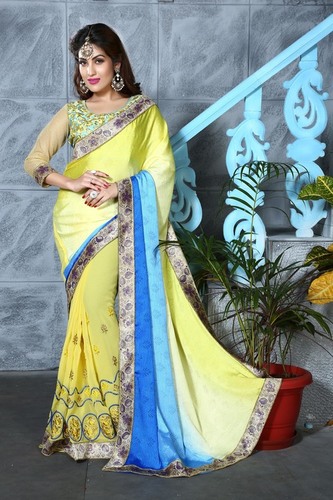 Georgette Blouse - Un-Stitched, 0.80 Mtrs Length, Yellow Colour | Embroidered, Designer Work for Festivals and Weddings