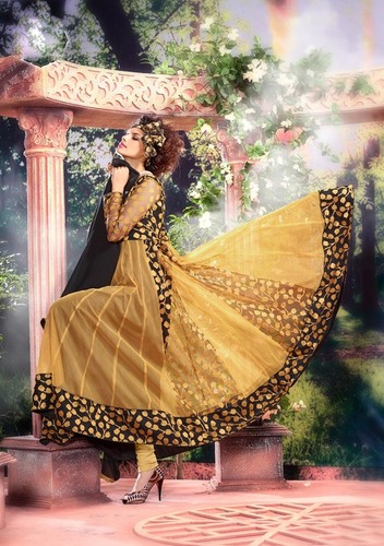 Traditional Western Gown - Brasso Net Top, Gold Color, Chiffon Dupatta | Full Sleeves, Inner Santoon, Party & Wedding Wear, Dry Wash