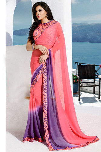 Georgette Blouse - Un-Stitched Design, Pink & Purple with Designer Print | Perfect for Party Wear, Festivals, Weddings, and Receptions