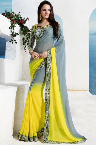 Gray And Yellow Formal Saree