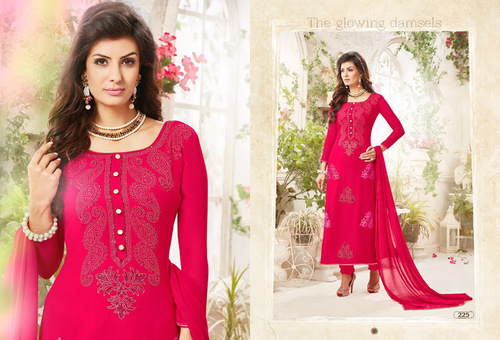 Acute Magenta Georgette Churidar Suit - Resham and Diamond Work, Full Sleeves with Matching Chiffon Dupatta
