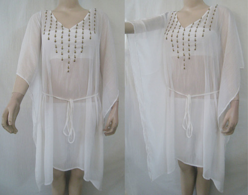 Ladies Kaftan - Chiffon, Multiple Sizes, White | Tie Waist, Embroidered Details, Lightweight, Knee-Length, Three-Quarter Sleeves