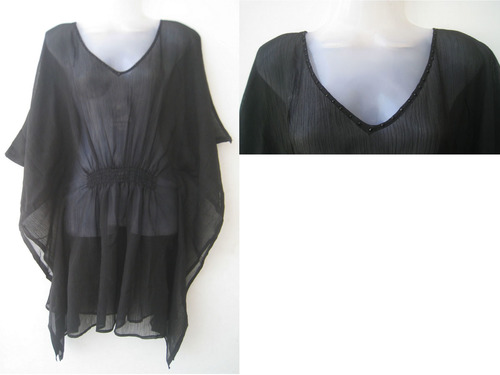 Ladies Kaftan - Chiffon, 36 Inches, Black | Lightweight Fabric, V-Neck, Comfortable Fit, Short Sleeve