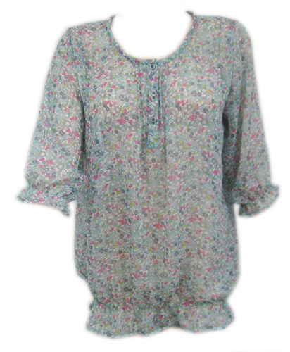 Ladies Tops - Polyester Medium Light Blue, Round Neckline, Floral Pattern | Lightweight, Stylish, Comfortable, Breathable, Durable, Machine Wash
