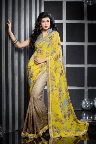 Yellow And Cream Ethnic Georgette Saree