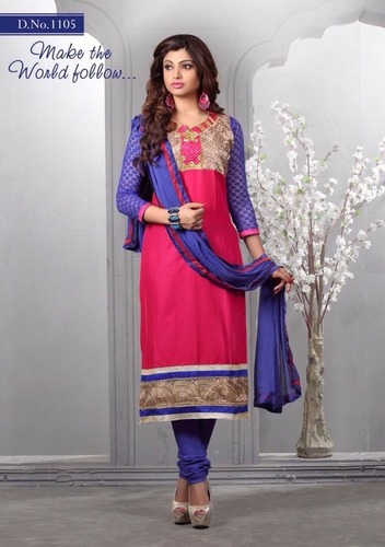 Long Chudidar Suit - Cotton Material, Full Sleeves, Pink Top & Blue Bottom, Chiffon Dupatta | Ethnic Traditional Wear, Party & Bridal Attire
