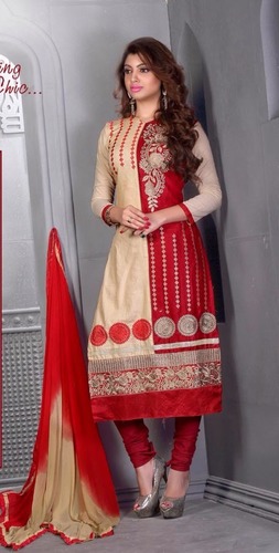 Red And Cream Designer Dress Material