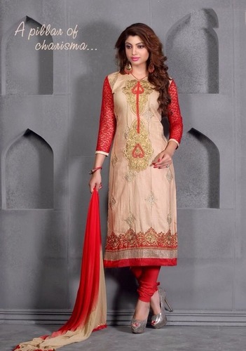 Red And Skin Glaze Cotton Salwar Kameez
