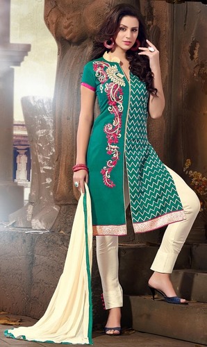 Indian Salwar Kameez - Chanderi Top in Green with Santoon Bottom in Cream, Half Sleeves, Party & Bridal Wear, Dry Wash Only