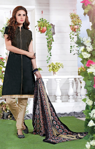 Churidar Dress Material - Chanderi Top in Black, Santoon Bottom in Beige, Chiffon Multicolor Dupatta | Traditional & Party Wear, Half Sleeves, Dry Wash Only