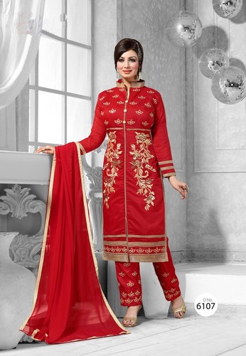 Wedding Wear Salwar Suit - Cotton Santoon & Chanderi Fabric, Red Color | Full Sleeves, Breathable, Embroidered, Suitable for Traditional and Bridal Occasions