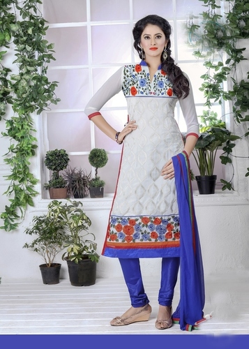 Fancy Ethnic Dress Material - Georgette Top in White, Santoon Bottom in Blue, Chiffon Dupatta in Blue | Trendy, Anti-Wrinkle, Breathable, Embroidered, Ideal for Traditional and Bridal Wear, Half Sleeves, Available in Multiple Sizes