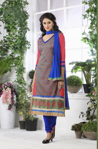 Stylish Embroidered Salwar Suit - Cotton Fabric, Available in Multiple Sizes, Multicolor Top, Blue Bottom, Half Sleeves, Traditional Ethnic Wear, Breathable and Anti-Wrinkle Features