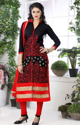 Designer Indian Cotton Dress Material - Black Top With Red Bottom | Embroidered, Breathable, Anti-Wrinkle, Half Sleeves, Ideal For Traditional and Party Wear