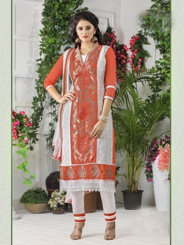 Orange And White Cotton Party Wear Dress