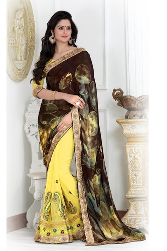 Georgette Blouse - Un-Stitched, Yellow & Brown with Embroidered and Printed Work | Perfect for Party, Festival, and Wedding Wear