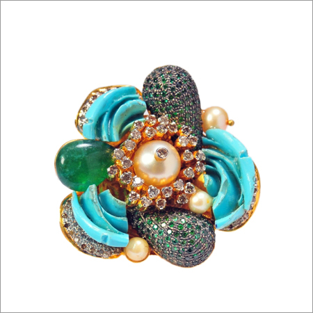 Ring In Diamonds And Coloured Stones And Real Pearls