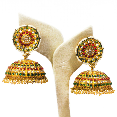 Jhumki With Polki And Coloured Stone And Real Pearls