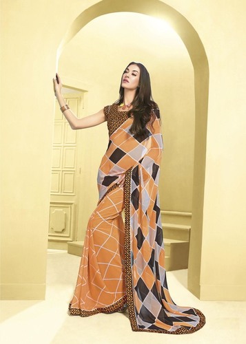 Georgette Blouse & Printed Designer Saree - Un-Stitched, 5.50 Mtr Length, Orange and Black | Party, Festival, Wedding Wear, Dry Wash Care