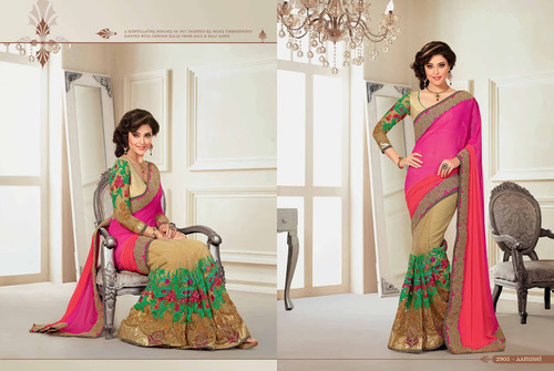 Modernistic Multi Color Georgette On Net Saree - 6.3m Length with Customizable Blouse Up to 46 Inches | Features Rich Resham, Embroidery, Pita, Thread, Moti, and Patch Border Work