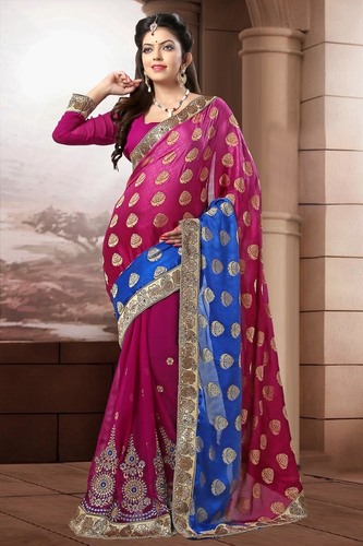 Pink And Blue Heavy Embroidered Saree