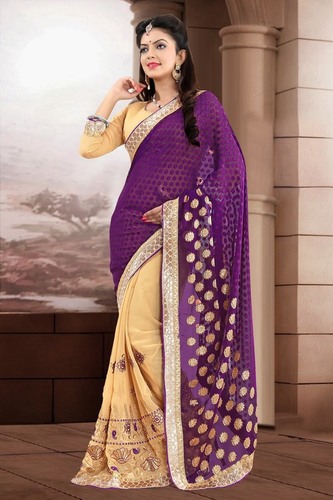Purple And Cream New Heavy Worked Saree