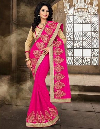 Silk Jacquard Un-Stitched Blouse with Printed Dark Pink Saree - 5.50 Mtrs Length, Designer Work, Ideal for Party and Wedding Wear