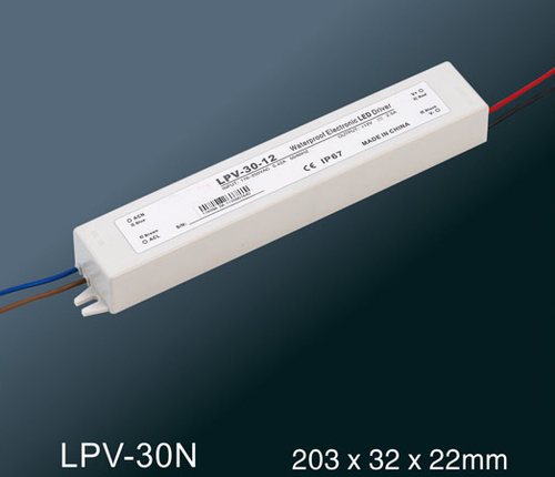 LED Constant Voltage Waterproof Switching Power Supply - Plastic, 203x32x22mm, 30W Output, 170~264VAC Input, Overload and Over Temperature Protection