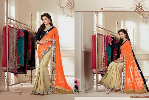 Sparkling Orange Georgette Saree - 6.3m Length, Customizable Blouse Sizes 34-46 Inches | Resham & Patch Border Work, Embroidered Diamond Detailing
