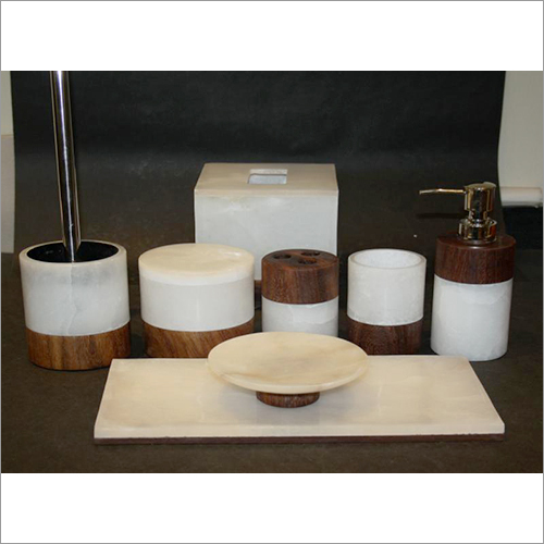 Round White Marble Sheesham Wood Bath Accessories