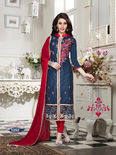 Cotton Ethnic Dress - Full Sleeves, Navy Blue Top and Red Bottom | Breathable, Embroidered Design, Perfect for Weddings and Parties