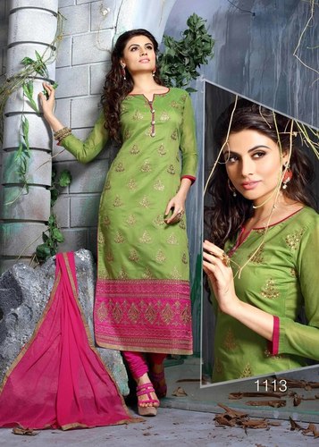 Green And Pink Fancy Chudidar Dress Material