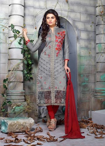 Grey And Red Ethnic Chudidar Salwar Kameez