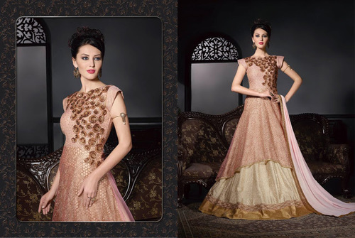 Artistic Light Rust Net Designer Anarkali Suit - Resham & Patch Border Work, Short Sleeve with Matching Chiffon Dupatta