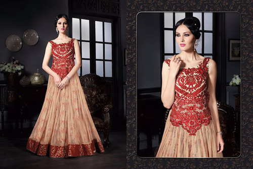 Exuberant Anarkali Suit - Cream Soft Net with Embroidered Yoke & Patch Border, Sleeveless Design and Matching Chiffon Dupatta