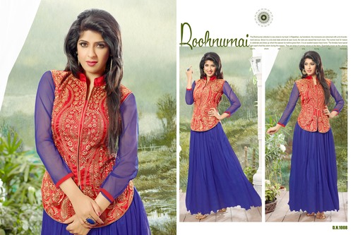 Western Ethnic Gown - Net Top Blue & Red, Santoon Bottom Blue, Full Sleeves, Dry Wash | Elegant Design, Comfortable Fit, Versatile Style