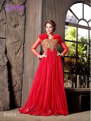Modern Western Net Gown - Red Net Top, Santoon Inner, Full Sleeves | Elegant Design, Versatile Wear, Dry Clean Only