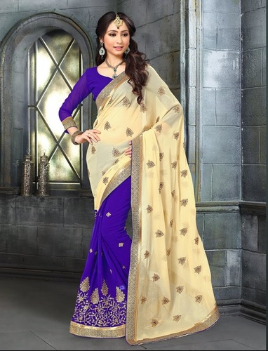 Georgette Blouse - Un-Stitched, 0.80 Mtrs Length in Blue & Beige | Designer Embroidered Work for Parties, Festivals and Weddings